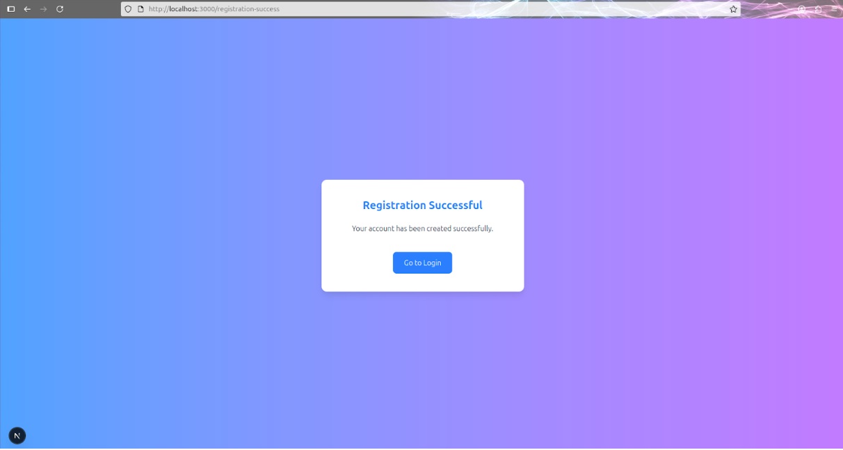 Registration Success page showing heading, message, and login link